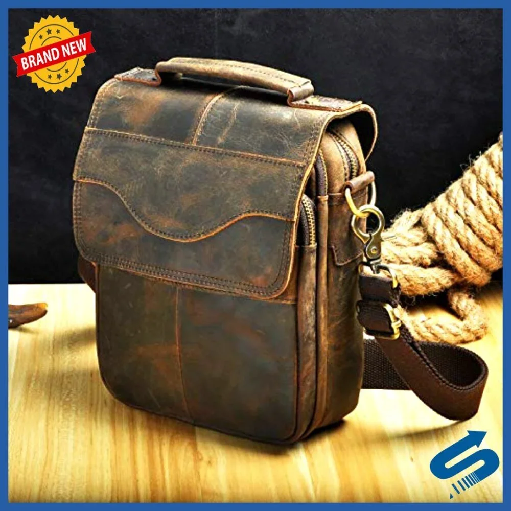 Genuine Leather Messenger Bag with Adjustable Strap, Fits Tablet